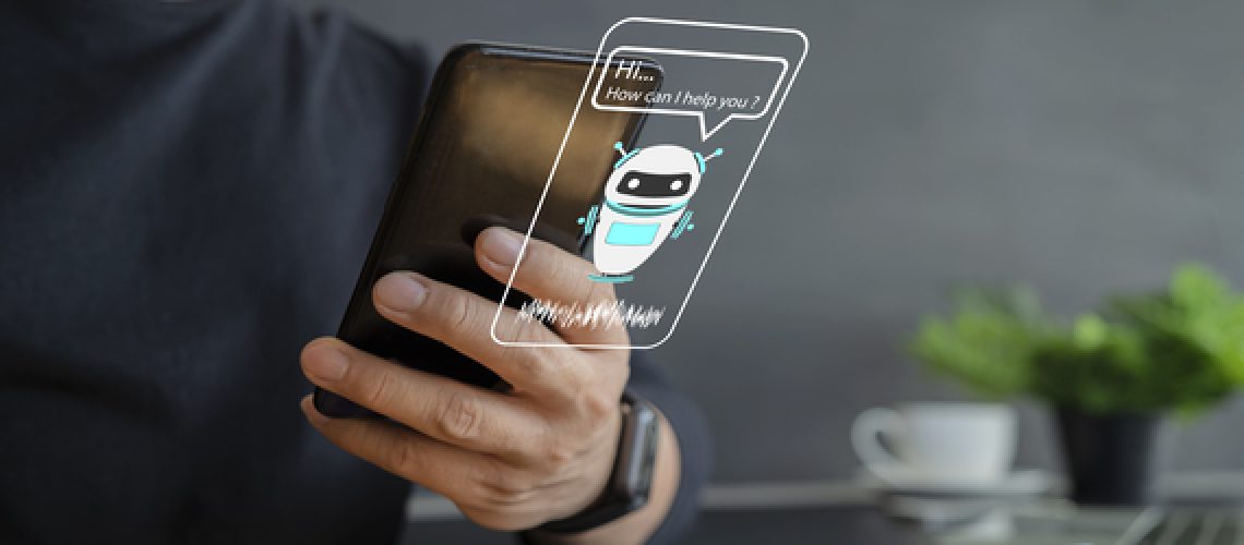 Chatbot, Ai Artificial Intelligence technology, internet virtual assistant on smart phone screen, online customer support website or social media network, information about products or services